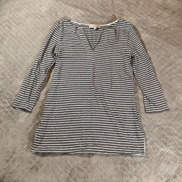 Ann Taylor Loft Womens M Tunic Top Black White Striped Linen Blend Long Sleeve - Picture 1 of 6